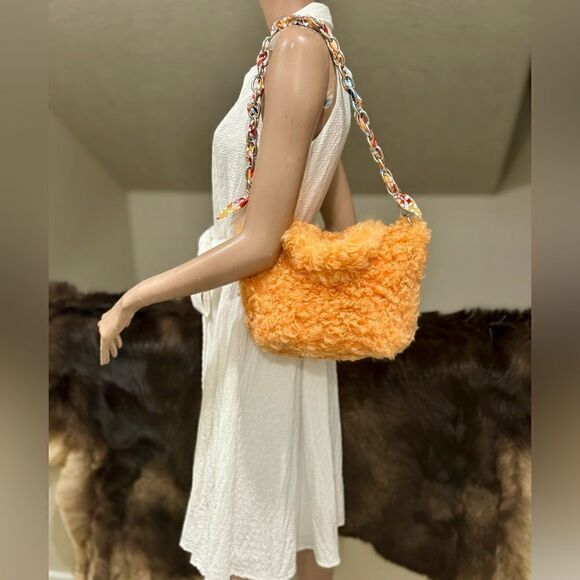 Multi Use Orange Genuine Curly Shearling Top Handle Bag/Shoulder Bag/Crossbody - Picture 3 of 16